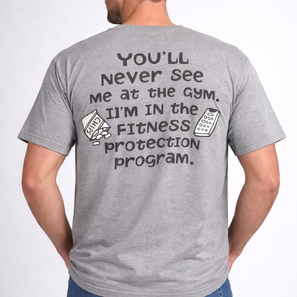 Gildan Grey Graphic T-shirt "Fitness Protection Program" Funny Slogan Adult L